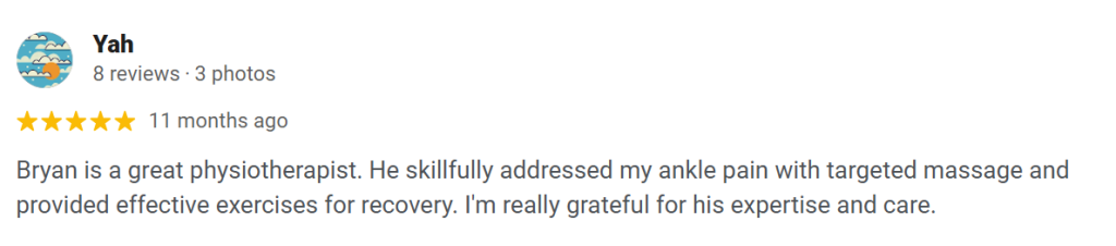 Ankle pain physiotherapy ONI Physio Fitness Mont Kiara Testimonial 4
