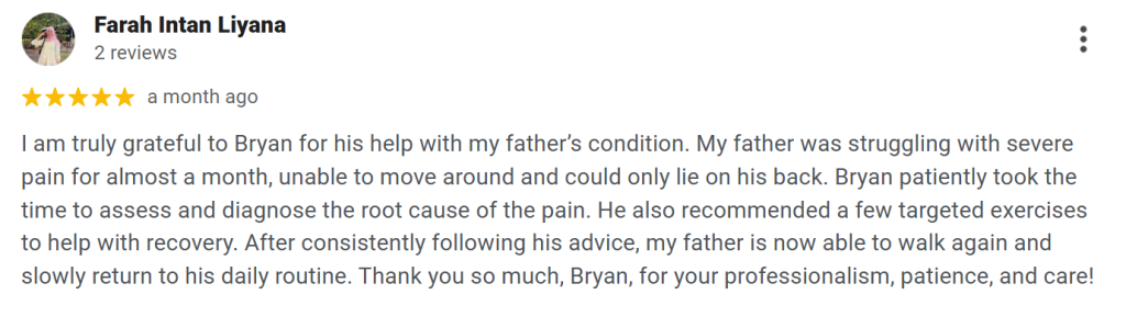 Back physiotherapy ONI Physio Fitness Mont Kiara testimonial 1