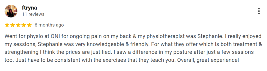 Back physiotherapy ONI Physio Fitness Mont Kiara testimonial 3