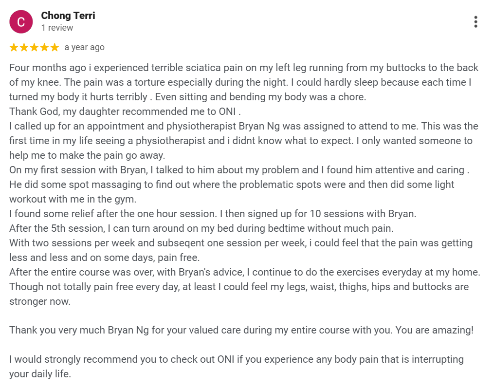 Back physiotherapy ONI Physio Fitness Mont Kiara testimonial 6