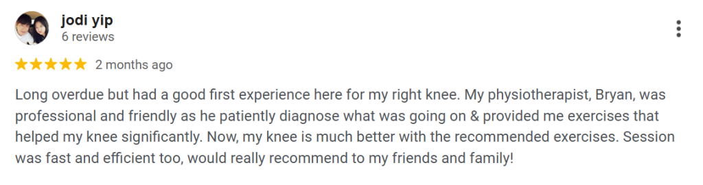 Knee pain physiotherapy ONI Physio Fitness Mont Kiara testimonial 2