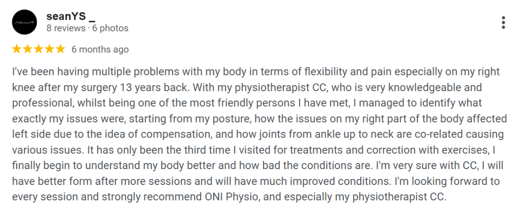 Knee pain physiotherapy ONI Physio Fitness Mont Kiara testimonial