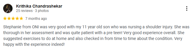 Shoulder pain physiotherapy ONI Physio Fitness testimonial 2