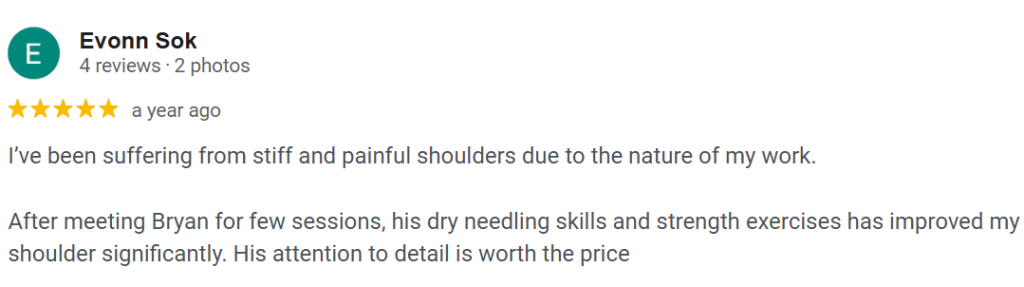 Shoulder pain physiotherapy ONI Physio Fitness testimonial 6