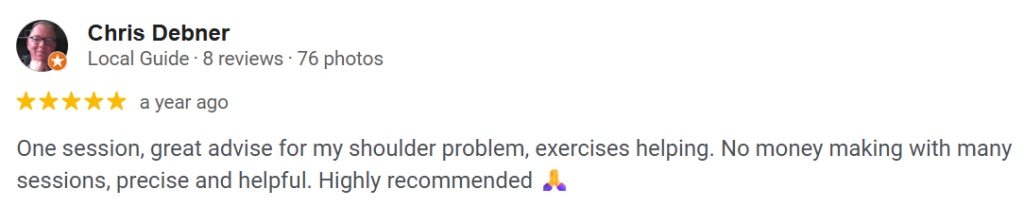 Shoulder pain physiotherapy ONI Physio Fitness testimonial 8