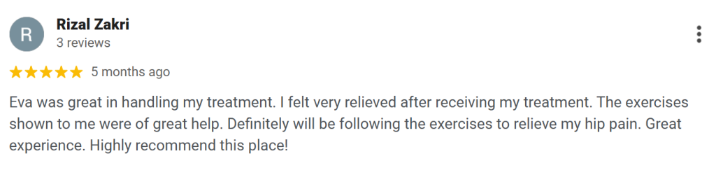 Hip physiotherapy ONI Physio Fitness Mont Kiara Testimonial 1
